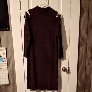 Allison Brittney Red Ribbed Mock Neck Long Sleeve Dress Shoulderless  (Mis065)